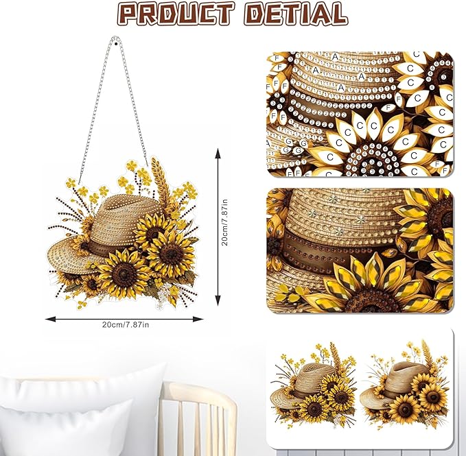 KEYIFA Straw Hat Diamond Painting Kit, DIY Sunflower Diamond Art for Adults, Diamonds Painting Pendant Special Shaped Rhinestone Window Hanging Ornaments Home Garden Wall Door Decoration, 20cm Width