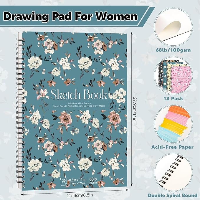 12 pack sketch book, 8.5 x 11inch sketchbook, 68lb/100gsm top spiral bound sketch pad, acid free art supplies drawing painting sketching paper for woman artists (30 sheets each)