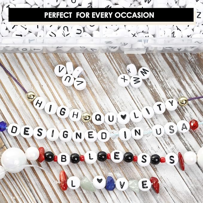 Incraftables 1200pcs Round Letter Beads for Jewelry Making (7mm). A-Z Letters Black Alphabet for DIY Friendship Bracelets & Crafts. ABC Circle & Heart Bead w/Elastic String, Clasps & Organizer Box