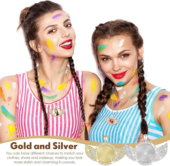 Hicarer 60 Pcs Sublimation Angel Wing Jewelry Blanks Set Rhinestone Bezel Pendant Trays Gold and Silver Sublimation Necklace Blank with Chain for DIY Making Crafts Wedding Gifts