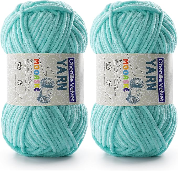 2 Pac Chenille Yarn for Crocheting - Blanket Yarn for Crocheting - Fluffy Yarn for Crochet, Baby Yarn for Crocheting Soft Blankets Weight Per Roll 50g/1.76oz, Length 60m/65yard (Aqua Green)