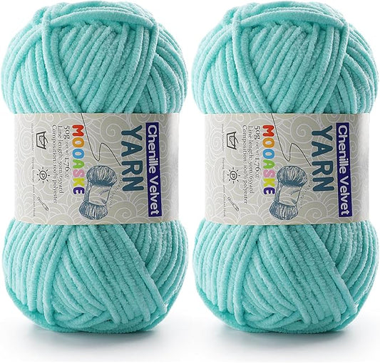 2 Pac Chenille Yarn for Crocheting - Blanket Yarn for Crocheting - Fluffy Yarn for Crochet, Baby Yarn for Crocheting Soft Blankets Weight Per Roll 50g/1.76oz, Length 60m/65yard (Aqua Green)