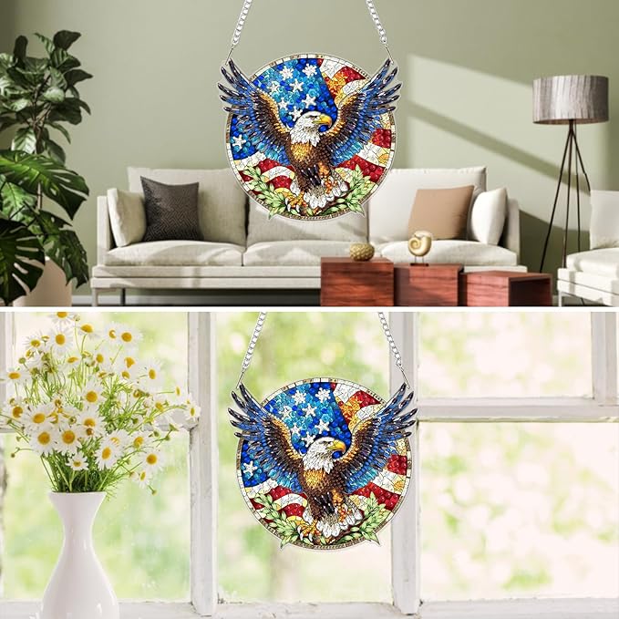 MXJSUA American Bald Eagle Diamond Painting Art Window Suncatchers, Diamond Art Kits for Adults Hanging Ornaments with Chain, 5D Special Shape Crystal Diamond Pendant Accessories for Decor Gift