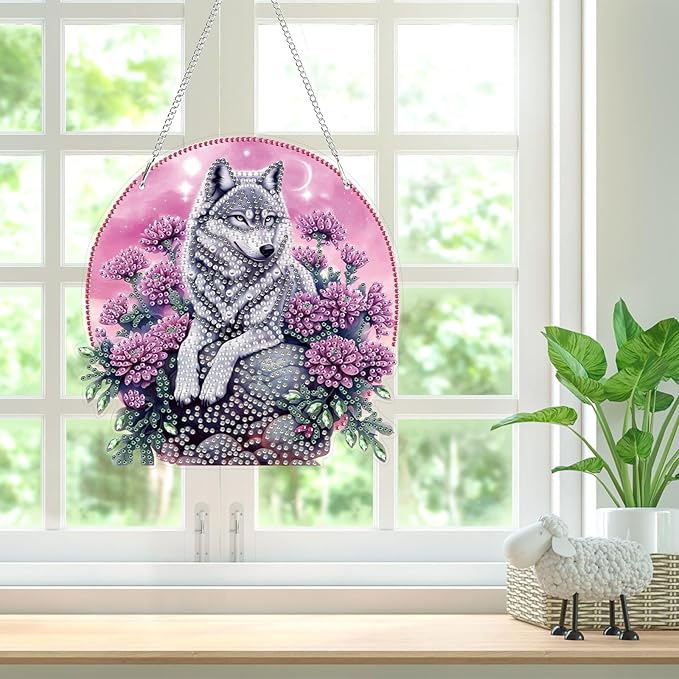 Bowetile Wolf Diamond Art Hanging Kits for Adults, 5D Special Shape Diamond Painting Flowers Pendant Kits, Gem Art Suncatchers Painting Window Ornament for Home Garden Wall Decor