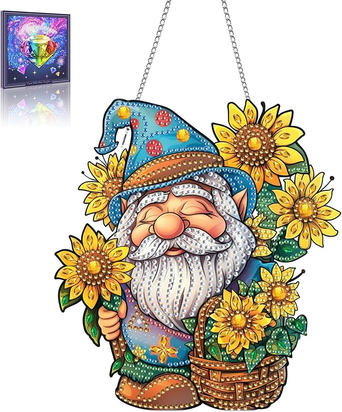 Wergund 5D DIY Gnome Diamond Art Hanging Kits, Hanging Diamond Art Sunflower, Acrylic Special Shaped Rhinestone, Window Hanging Pendants for Home Wall Garden Front Door Outdoor Decor Gift(Gnome)