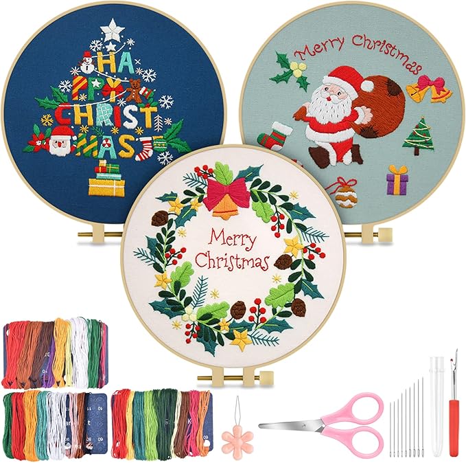 TINDTOP Christmas Embroidery Kit for Adult, 3 Sets Embroidery Stitch Practice kit Include Embroidery Cloth Hoops Threads for Craft Lover Hand Stitch
