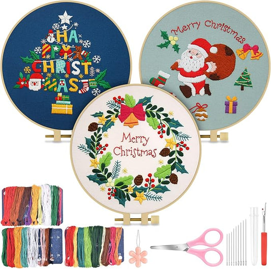 TINDTOP Christmas Embroidery Kit for Adult, 3 Sets Embroidery Stitch Practice kit Include Embroidery Cloth Hoops Threads for Craft Lover Hand Stitch