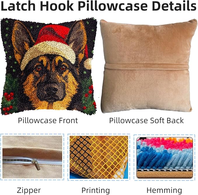 Latch Hook Pillow Kits for Adults Merry Christmas German Shepherd Dog DIY Pillow Cover Printed Pillowcase Crochet Yarns Hooking Handmade Cushion for Home Sofa Decoration 17x17inch(11)