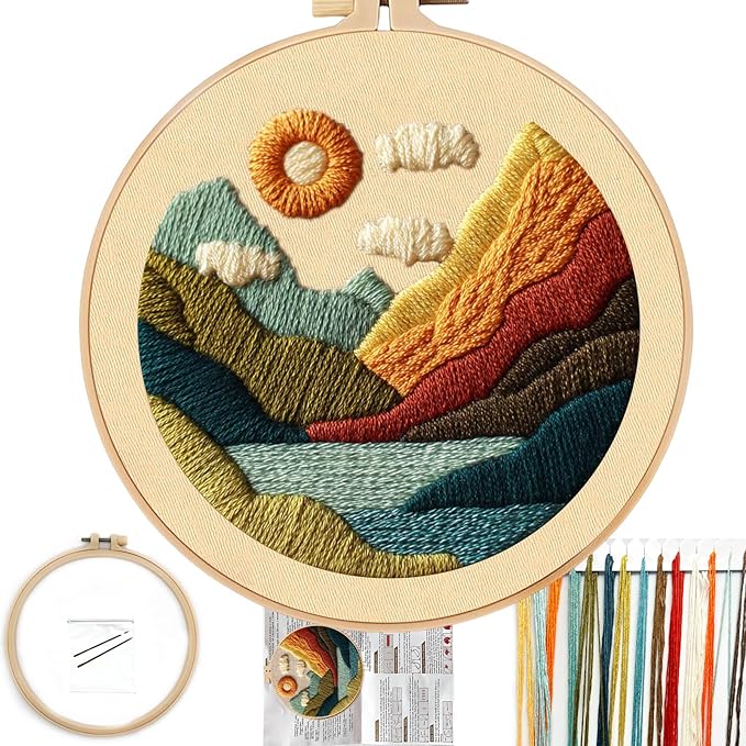 FONNUY Embroidery Kit for Beginners, Textured Vibrant Nature Landscape Pre-Stamped Pattern Kits for Adults with Hoop, Easy to Follow Color Thread Needlework, 8'' Hoop (Green 1)