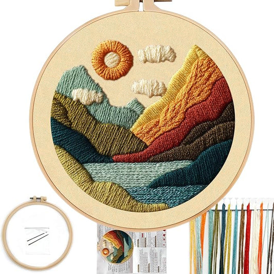 FONNUY Embroidery Kit for Beginners, Textured Vibrant Nature Landscape Pre-Stamped Pattern Kits for Adults with Hoop, Easy to Follow Color Thread Needlework, 8'' Hoop (Green 1)