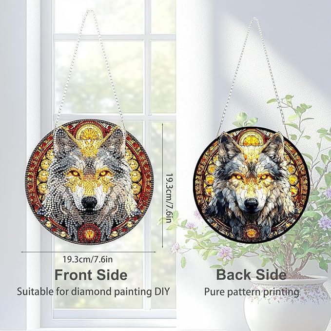 TOSTOG Diamond Art Hanging Kits for Adults, 5D Wolf Diamond Painting for Adults Window Pendant, Special Shape Diamonds Yellow Eye Wolf Diamond Painting Hanging Pendant Kit for Wall Decor Gift
