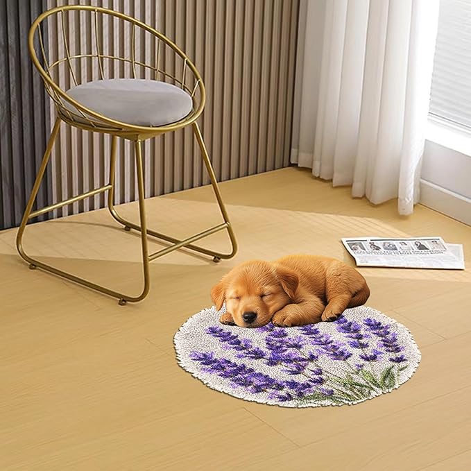 Latch Hook Rug Kit Lavender Flower Stamped Handmade Round Shape Carpet Crochet Yarn Craft DIY Hook and Latch Door Mat Tapestry for Christmas Home Floor Decor 50x50cm(1)