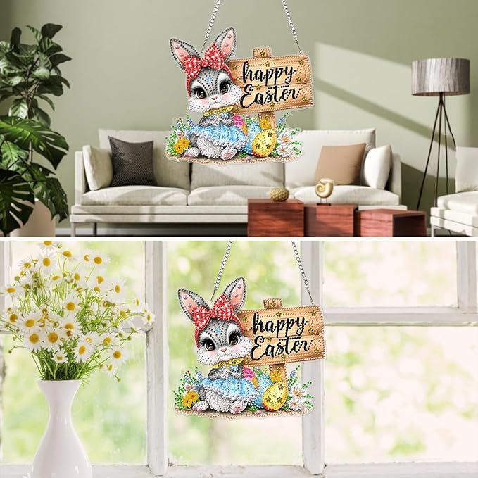 MXJSUA Diamond Art Hanging Kits for Adults Beginners, DIY Acrylic 5D Special Shaped Crystal Diamond Gem Art Painting Hanging Ornament for Home Wall Decor and Gift (Easter Cute Bunny)