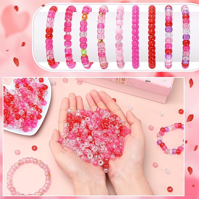 UPINS Valentine's Day Pony Beads, 1200Pcs Glitter Pink Red Round Plastic Craft Pony Beads for Jewelry Making Valentines Party DIY Decoration Necklace Bracelets Romantic Accessories (4 Colors)