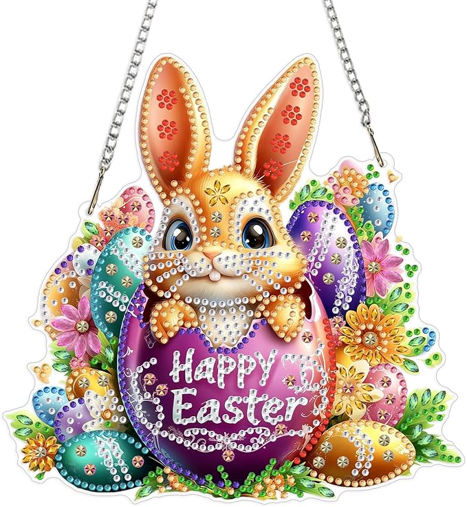 MEIYUDA Easter Bunny Diamond Art Hanging Kits for Adult, Happy Easter Diamond Painting Hanging Kits Ornaments, DIY Colorful Egg Special Shaped Rhinestone Window Pendant for Home Garden Wall Decor Gift