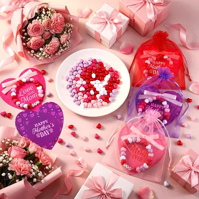 Kigeli Mother's Day Heart-Shaped Card Set for Crafters - DIY Gifts, Card Making, Jewelry, Personalized Presents - Includes 24 Cards, 600 Beads, Organza Bags, Elastic Thread & mom Beads