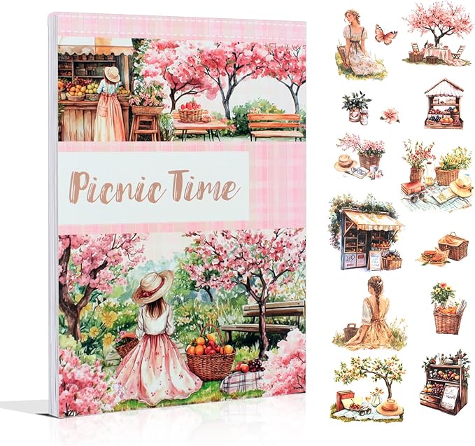 Pre-Cut Picnic Time Scenery Women Sticker Book for Journaling, 20 Sheets A5 PET Washi Paper Materials Stickers for Scrapbooking, Junk Journal Supplies, Planner, Collage