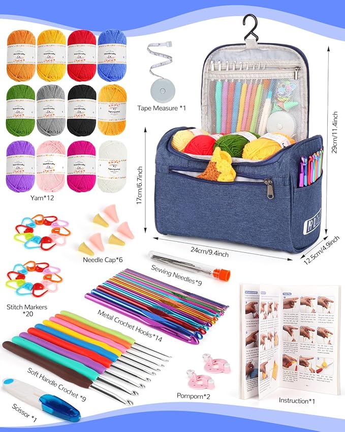 Aeelike Crochet Kit for Beginners Young and Old, First Crochet Kit for Adults Include 23pcs Crochet Hooks, 655 Yards Yarn Set for Crocheting, Instruction, Bag, Crochet Accessories and Supplies, Navy