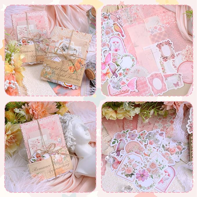 TIESOME 100pcs Vintage Floral Scrapbook Paper and Journaling Stickers Assorted Set, Memo Labels for Junk Journal Planner Collage Card Album Decor(Pink)