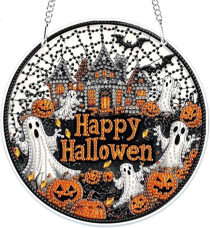 MOGTAA Halloween Diamond Art Hanging Pendant Kits, Pumpkin Castle Diamond Art Kits for Adults, 5D Special Shape Diamond Painting Ghost Gem Art for Home Garden Wall Decor