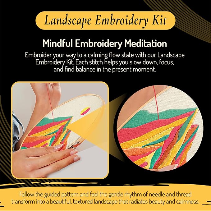 Unwynd Embroidery Kit Landscape Theme for Beginners, Satin Stitch Hand Embroidery Kit for Adults, Easy DIY Craft, Easter Gifts with Mountain Sun Pattern.