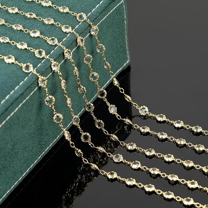 UMAOKANG 3 Yard 18K Gold Plated Brass Chain for Jewelry Making Clear Crystal Jewelry Chain Roll with Jump Rings and Lobster Clasps