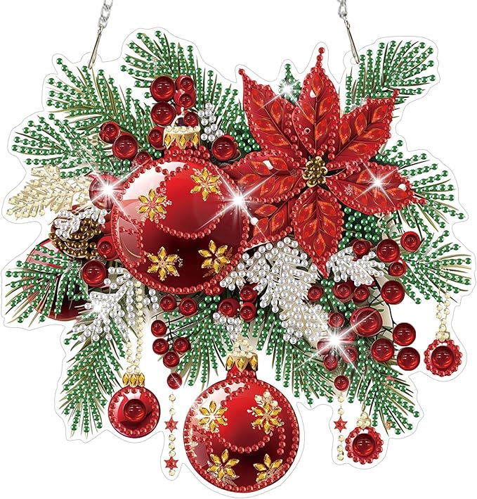 HEIBAGO Christmas Ball Diamond Art Hanging Kits for Adults Kids, 5D Special Shaped Crystal Diamond Painting Kit, DIY Pattern Window Pendant Gem Art Kit for Home Wall Decor 8.3 x 8.3 Inch