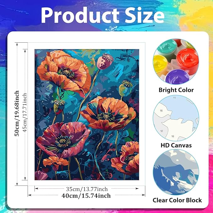 xcemhil Paint by Numbers Kit for Adults, Paint by Number Colorful Flowers, Abstract Flowers Paint by Numbers Kit for Adults Beginner for Gift and Home Wall Decor 16x20 Inch
