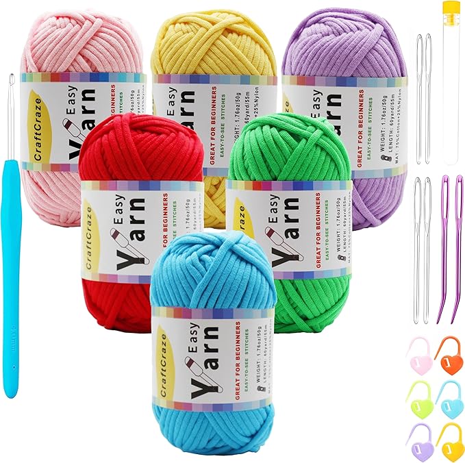 Beginner Easy Yarn Kit for Knitting,Crocheting; Worsted Weight Medium #4; Cotton Blend Yarn for Amigurumi with Tools (Colorful Life, 6 Skein)