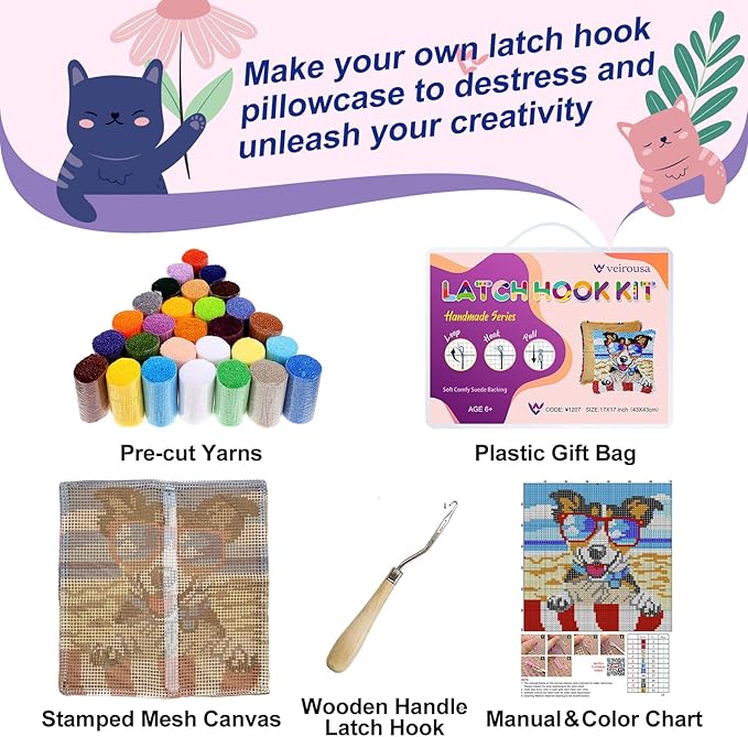 veirousa Beach Dog Latch Hook Kits for Adults Kids, Beginners DIY Throw Pillow Kit Pre-Printed Pillowcase Hook and Latch Rug Kits Needlework Cushion Cover for Home Sofa Decoration 17x17 inch