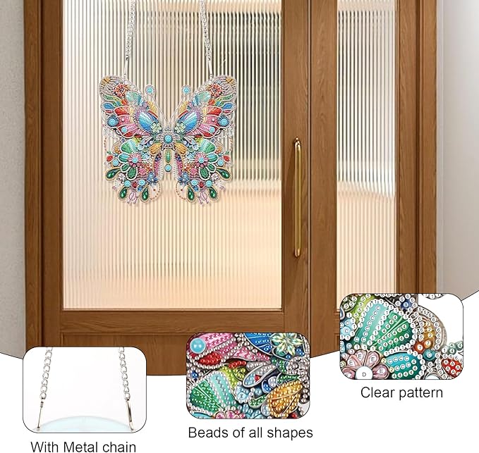 Diamond Art Painting Hanging Pendant, DIY Butterfly 5D Special Shape Crystal Diamond Art Partial Mosaic Making Craft Wreath Ornaments, Large size Home wall decor window decoration Handmade Gift