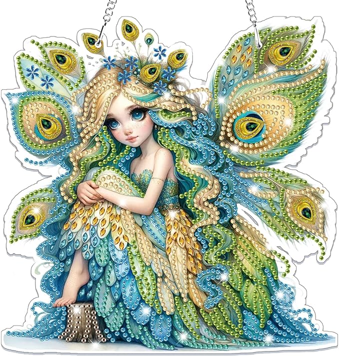 Bowetile Fairy Diamond Art Hanging Kits for Adults, 5D Special Shape Diamond Painting Peacock Pendant Kits, Animal Gem Art Suncatchers Painting Ornament for Home Garden Wall Decor