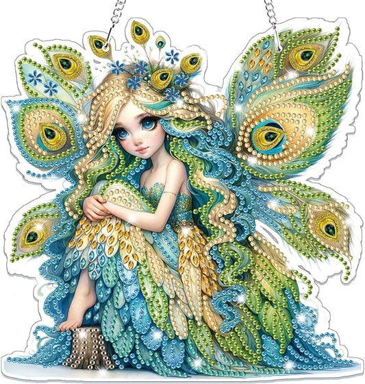 Bowetile Fairy Diamond Art Hanging Kits for Adults, 5D Special Shape Diamond Painting Peacock Pendant Kits, Animal Gem Art Suncatchers Painting Ornament for Home Garden Wall Decor