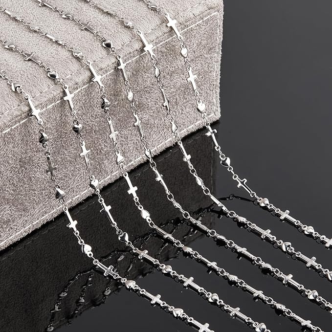 YOUBEIYEE 13 Feet Stainless Steel Jewelry Making Chains Cross Heart Link Chains Bulk for Women Necklace DIY with Jewelry Accessories