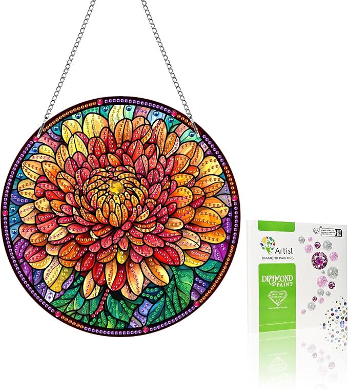 VAIIEYO Daisy Diamond Art Hanging Ornament, Flower Diamond Painting Suncatchers Window Hanging Kit with Chain, 7.5x7.5 inch Crystal Pendant Art Craft for Gift Home Wall Front Door Decoration