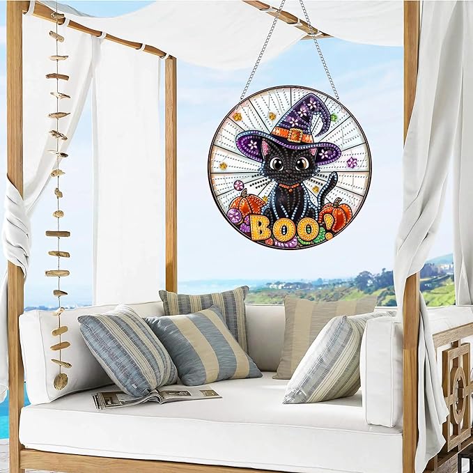 VAIIEYO Halloween Diamond Art Hanging Ornament, Black Cat Diamond Painting Suncatchers Window Hanging Kit with Chain, 7.5x7.5 inch Crystal Pendant Art Craft for Gift Home Wall Front Door Decoration