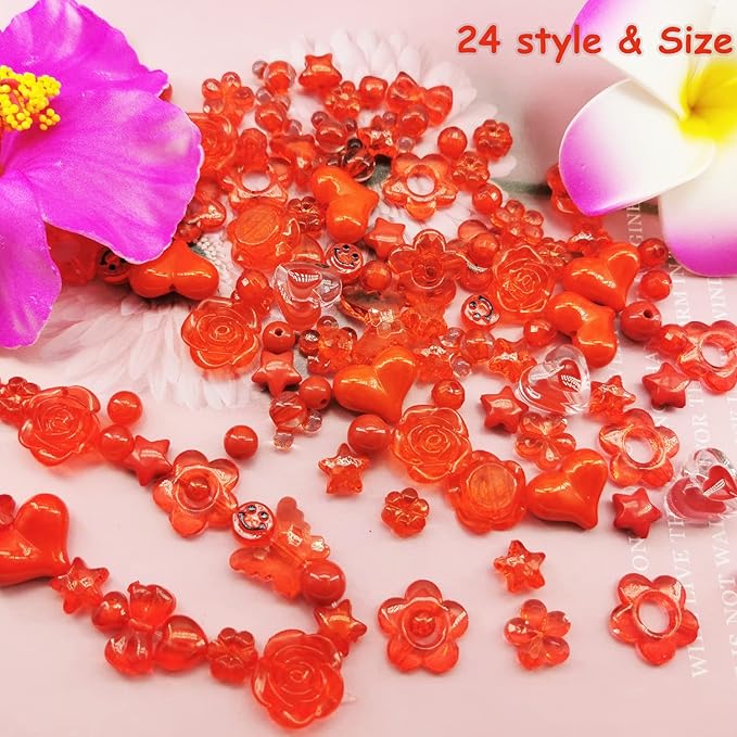 560Pcs Acrylic Red Beads Flower Heart Star Butterfly Pastel Beads Candy Color Assorted Beads Kawaii Bead Round Beads Plastic Beads Bulk for Bracelets Jewelry Making Necklaces DIY Crafts