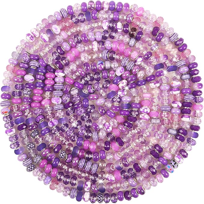 Large Hole Purple European Beads - 100 Assorted Pieces for Pens, Fairy Wand, Garden, Lampwork, Craft, Spacer, DIY Charms, Bracelet, Necklace Decoration, Jewelry Making Supplies