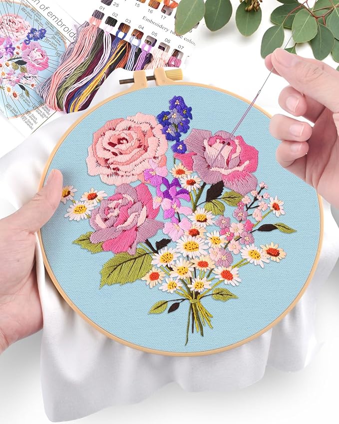 ERKOON Embroidery Kit for Beginners, Flower Cross Stitch Set for Include Embroidery Cloth Hoops Threads for Craft Lover Hand Stitch with Embroidery Skill Techniques (Bouquet)