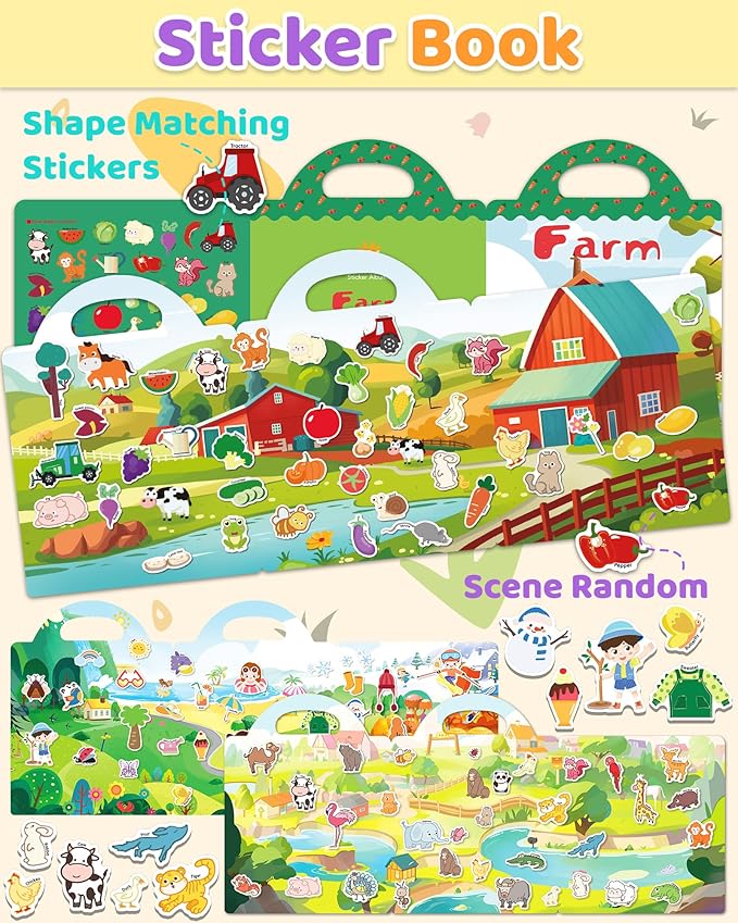 benresive reusable sticker books for kids, sticker books for toddlers, toddler travel toys activities crafts ages 3 and up birthday gifts - farm, animal and season