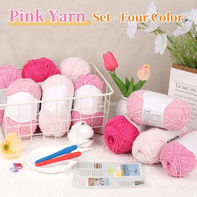 Coopay Skinny Chenille Yarn for Crocheting and Knitting, 12 Pack of 50g/1.76oz-1764yd Total, Soft Velvet Yarn of Baby Weights-Suitable for Baby Blankets, Plush Toys-Super Soft (Light Pink Gradient)