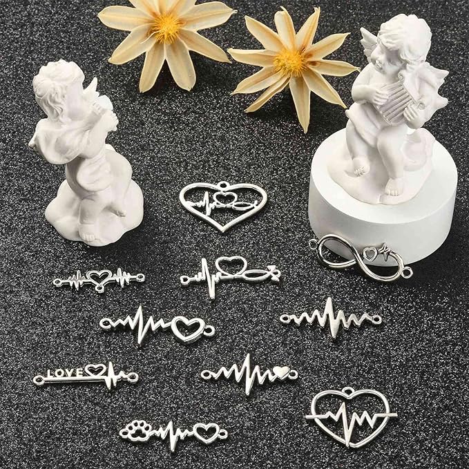 DanLingJewelry 80Pcs 8 Styles Electrocardiogram Charms Mini Heartbeat Linking Connectors Tibetan Heartbeat Charms for Jewelry Making