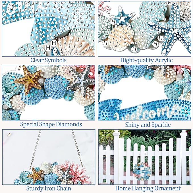 CEOVR Beach Hanging Diamond Art for Adults, Summer Seashell Diamond Painting Pendant DIY Welcome Sign Gem Art Wall Ornament, Acrylic Home Garden Decor with Chain, Box Kit 7.87×7.67inch