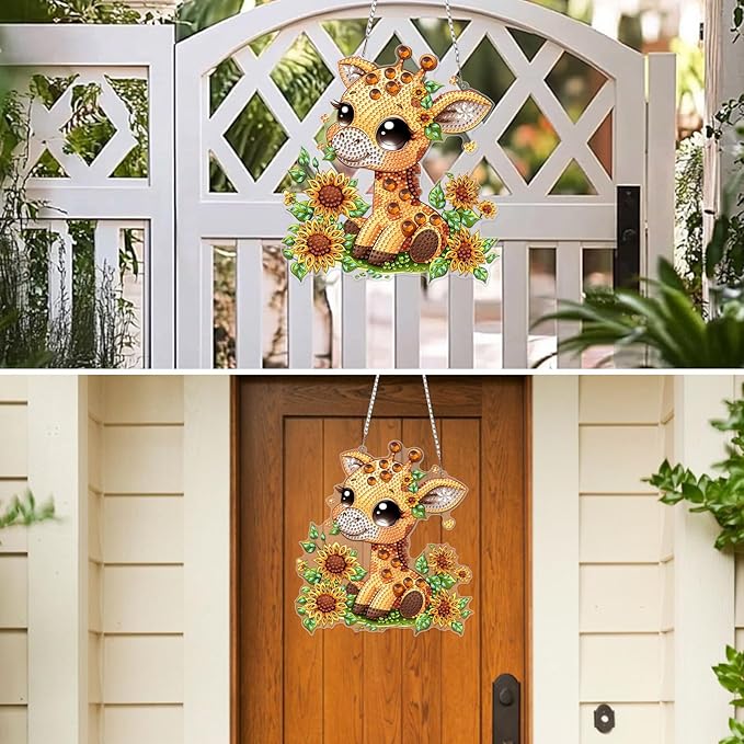 MXJSUA Giraffe Sunflowers Diamond Art Hanging Kits for Adults Beginners, DIY Acrylic Special Shaped Crystal Diamond Gem Drills Pendant Art Painting Ornament for Home Wall Decor Gift