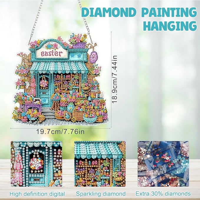 MAXBYE Easter Diamond Art Painting Kits Hanging Easter Egg Shop Pendant, DIY 5D Special Shaped Gem Art Craft Diamond Dots for Adults and Home Window Door Decor 8×12Inch