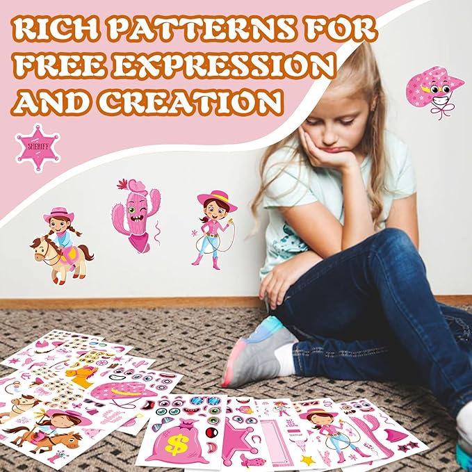 24 sheets cowboy cowgirl stickers for kids, country western cowgirl make a face sticker, make your own stickers sheets, pink cool theme art craft supplies