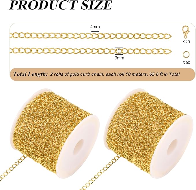 2 Rolls Total 65.6 Feet Gold Plated Stainless Steel Extender Chain for Jewelry Making Handmade Curb Chains Spool Bulk for DIY Women Necklace Bracelet
