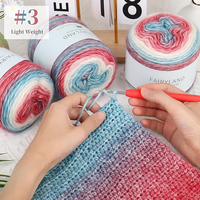 Aeelike Gradient Yarn for Crocheting, 3 Skeins Cake Yarns 100g (3.52 oz) 245m (267 Yards) # 3 Light Weight - Super Soft Ombré Fairyland Yarns for Making Colorful Crafts, Red Blue Gradient