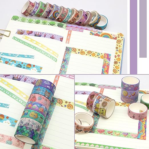 wapetashi 50 rolls washi tape set, silver cute washi tape for scrapbooking, bullet journal, planner, gift, rainbow masking decorative tape for kids