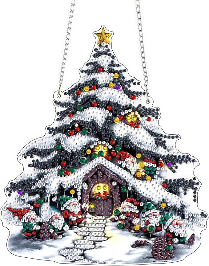 QENSPE Christmas Tree House Hanging Diamond Art with Chain,5D Special Shape Diamond Paingting Ornaments Kits,Festive Cottage Easy DIY Crystal Pendant Gem Art for Home Garden Wall Decor 8X8 inch